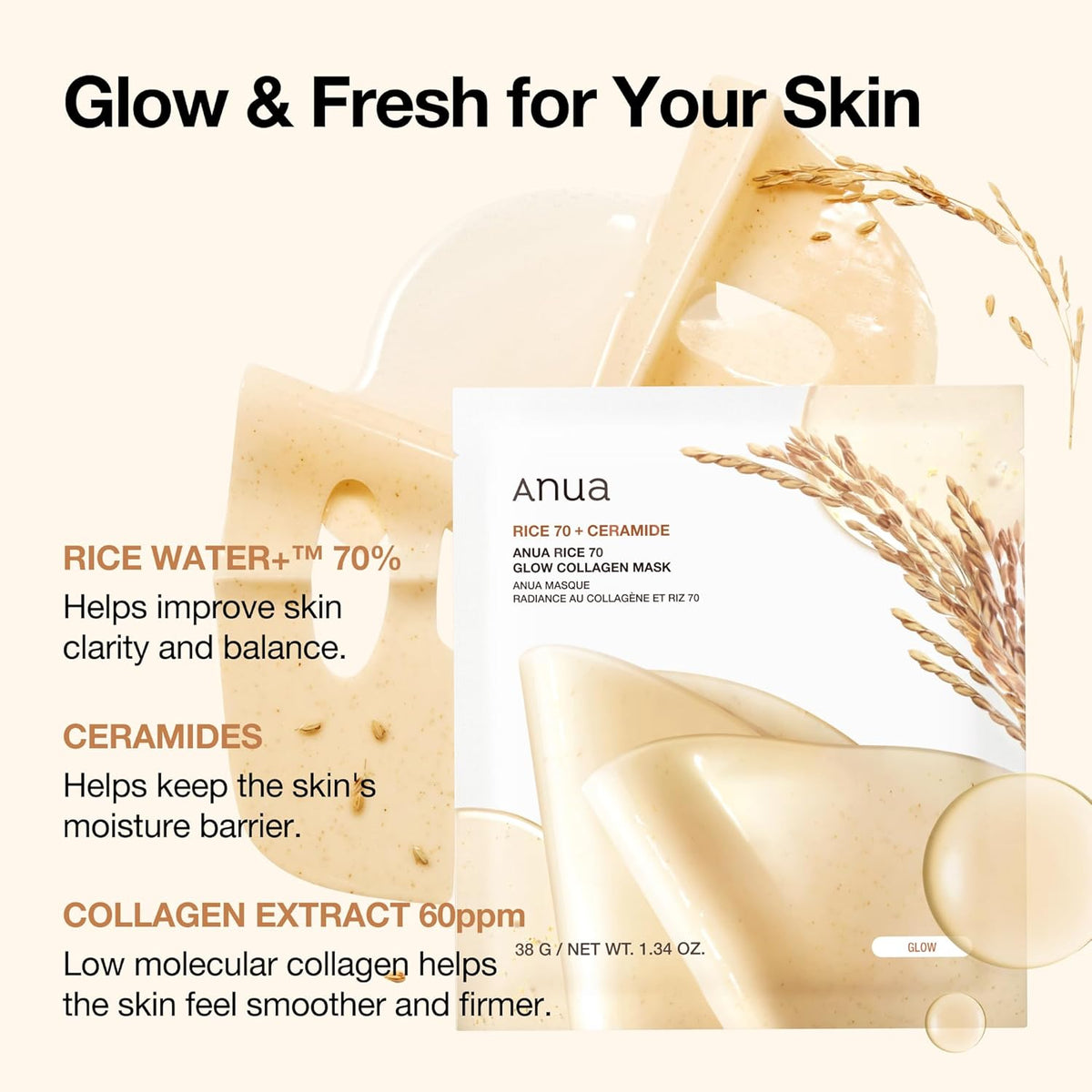 Hidrogela maska mirdzuma piešķiršanai ādai ar sastāvā iekļautiem rīsiem Anua Rice 70 Glow Collagen Mask