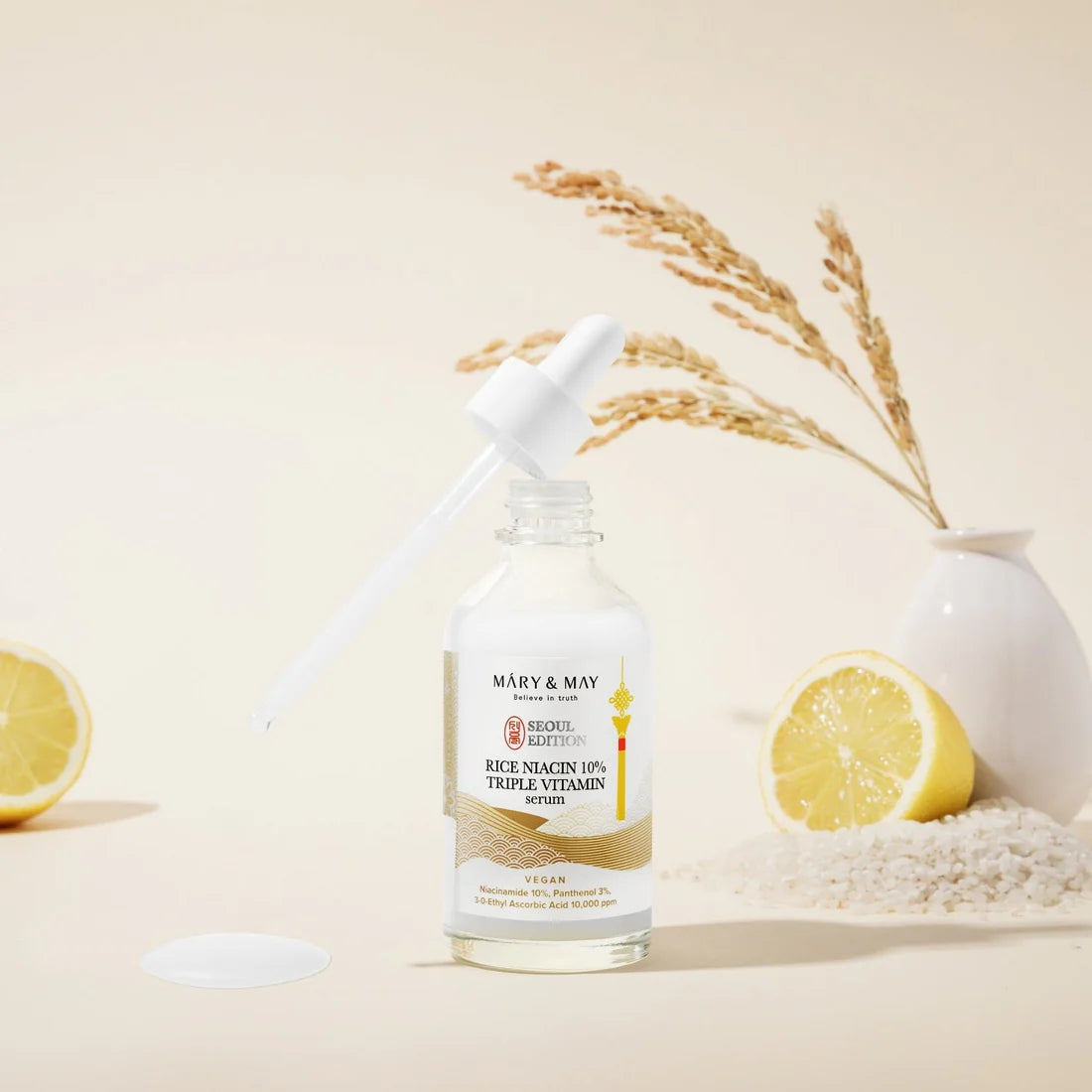 Balinošs rīsu serums sejai ar niacinamīdu Mary&May Rice Niacin 10% Triple Vitamin Serum